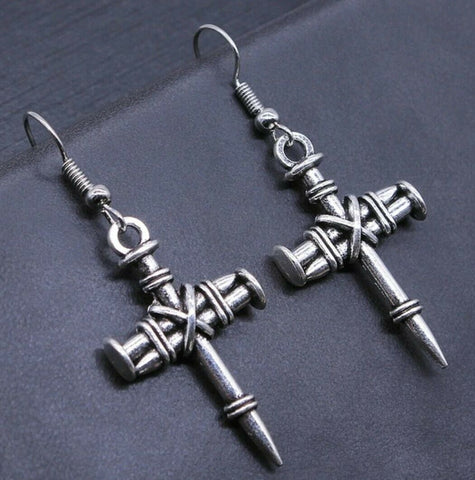 Alloy double sided pattern Nail Cross Earrings