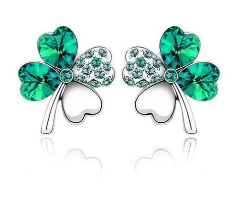 Four Leaf Clover Pierced Stud  Earrings with Austrian Crystal