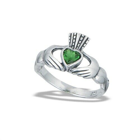 Sterling Silver Celtic Claddagh Ring With Synthetic Emerald