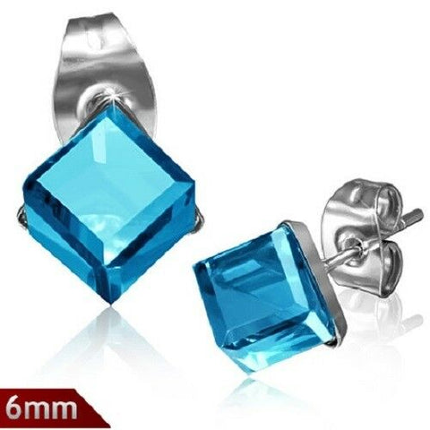 6mm | Stainless Steel Stud Earrings w/ Cube Aquamarine CZ