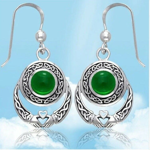 Alloy Celtic Claddagh earrings with Celtic knots and green stone