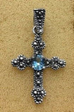 Sterling Silver  Cross Pendant With Marcasite with synthetic amethyst or blue to
