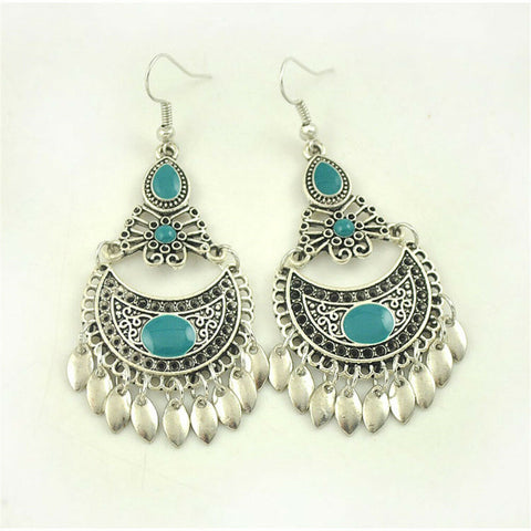 Turkish Style Silver Color  Ethnic  Earrings with Turquoise stones and leaves