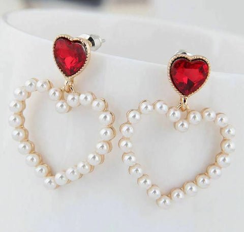 Rhinestone Red Heart Pearl Hollow Dangle Earrings -1 pair