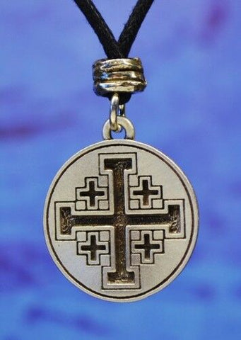 Jerusalem Cross or Crusaders Cross Pewter Pendant with Black Cord