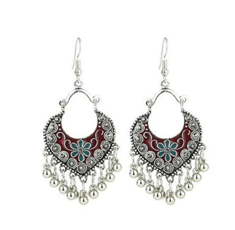Turkish Style Silver Color Enamel Bead Tassel Earrings 70 x 34 mm