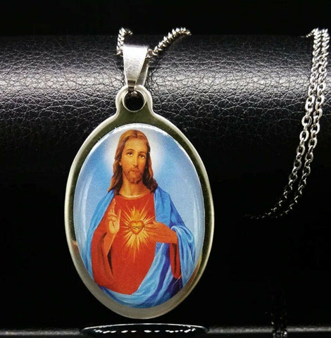 Stainless Steel Sacred Heart of Jesus Pendant and 20 in Chain - Bedazzled Designs