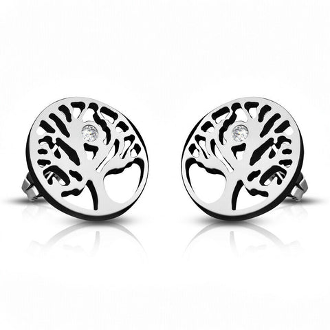 Stainless Steel Cut-out Tree Round Circle Stud Earrings w/ Clear CZ