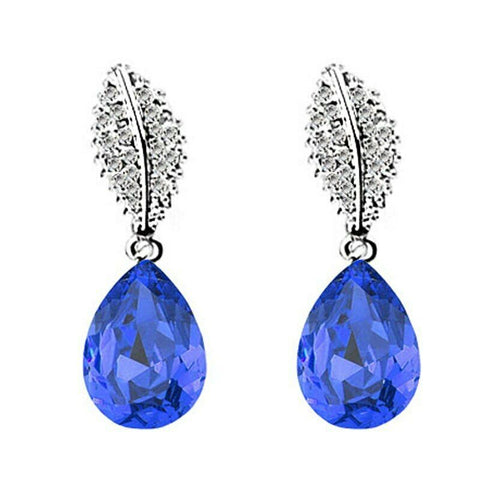 Blue Crystal Leaf Tear Drop Earrings