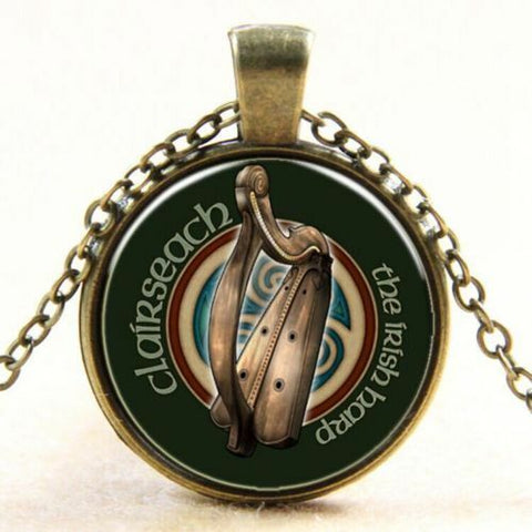 Bronze Plated Alloy Harp Inside Glass Cabochon Pendant with 45 cm chain n exten