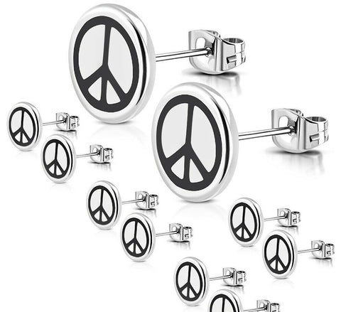 8mm | Stainless Steel 2-Tone Peace Sign Round Circle Stud Earrings (Pair)