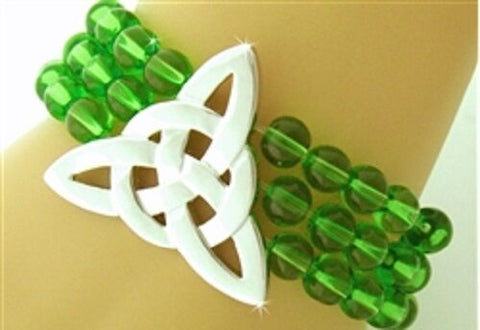 "The Strength" Celtic Knot Trinity Stretch Bracelet with Green Glass Beads