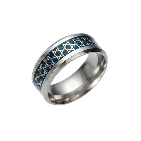 Stainless Steel Unadjustable Ring Silver Tone Blue Round Star Of David  SZ 8.25