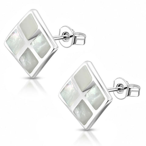 Brass w/ Silver Plating Square Stud Earrings w/ Shell Inlay (Pair)