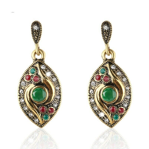 Turkish Style Antique Gold-Plated Green Resin/Crystal Earrings