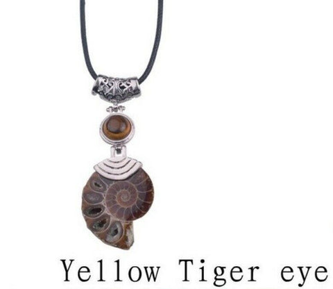 Ammonite and Tigers Eye Pendant with cord ball link and regular chain