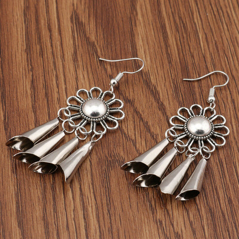 Turkish Style Flower Horn Tassel Silver Color Earrings