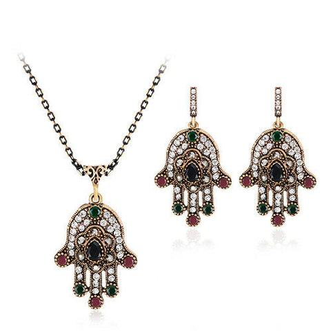Turkish Style Hand of Fatima necklace and earrings set with black colored stones