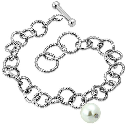 Stainless Steel Fancy Pearl Bead Charm Link Chain Toggle Bracelet 7in