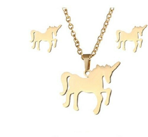 Gold Plated Stainless Steel  necklace and earrings Unicorn set with 45 cm chain