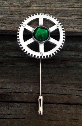 Pewter Steampunk Chronometer Gear Stick Pin With Swarovski Green Crystal - Bedazzled Designs