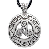 Celtic Triskele Pewter Pendant with black 24 inch steel chain made in USA
