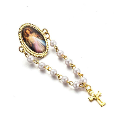 Divine Mercy  Photo Rosary Lapel Pin with Pearls and Crucifix