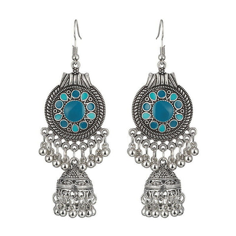 Turkish Style Silver Blue Color Enamel Bead Tassel with Bell Earrings 85 x 30 mm