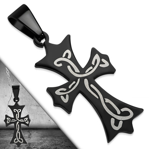 Black Stainless Steel 2-tone Laser Printed Celtic Knot Cross no chain