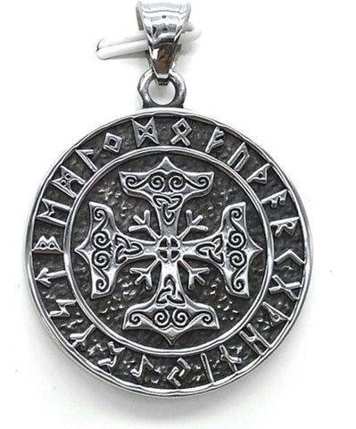 Oxidized Stainless Steel Viking Hammer Runes Cross Pendant with Trinity