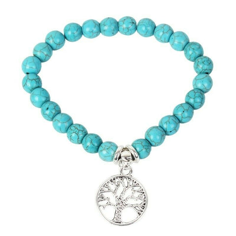 Turquoise Stone Stretchy Bracelet with Tree of Life Charm