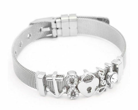 Stainless Steel mesh belt bracelet with slider charms adjustable lengths