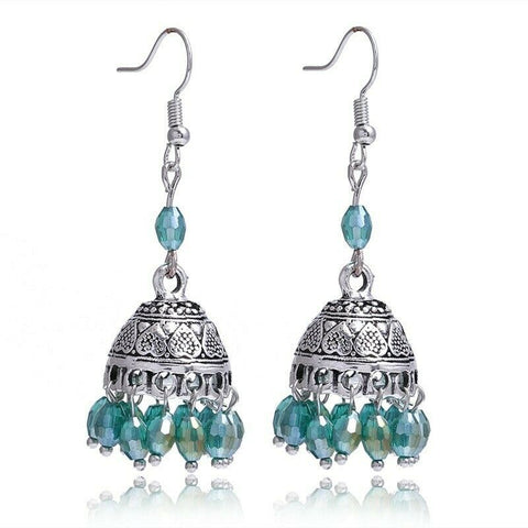 India Style Bell Drop Earrings with Aqua Color Crystals