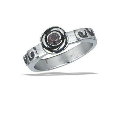 Stainless Steel Rose Ring With Red CZ Center