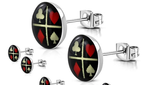 7mm | Stainless Steel w/ Acrylic 4-tone Playing Card Poker Suits Stud Earrings