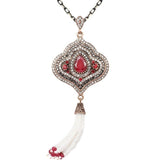 Turkish Style bead tassel antique gold color necklace with red and clear stones