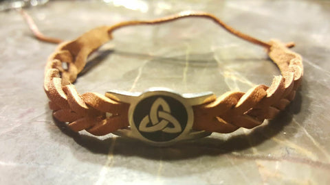 Irish Trinity Pewter Tan Leather Woven Adustable Bracelet
