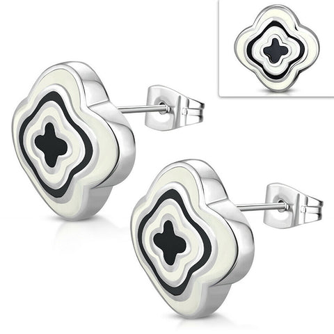 Stainless Steel White & Black Enameled Clover Stud Earrings (pair) -
