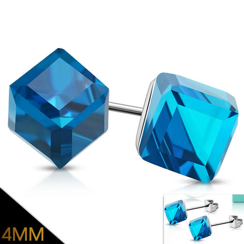 4mm | Stainless Steel Stud Earrings w/ Cube Dark Sapphire CZ (pair)