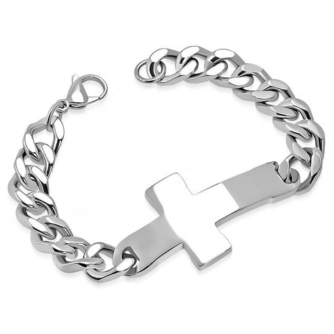 Stainless Steel Engravable Cross Curb Cuban Link Chain Bracelet  22 cm (8.64 in)