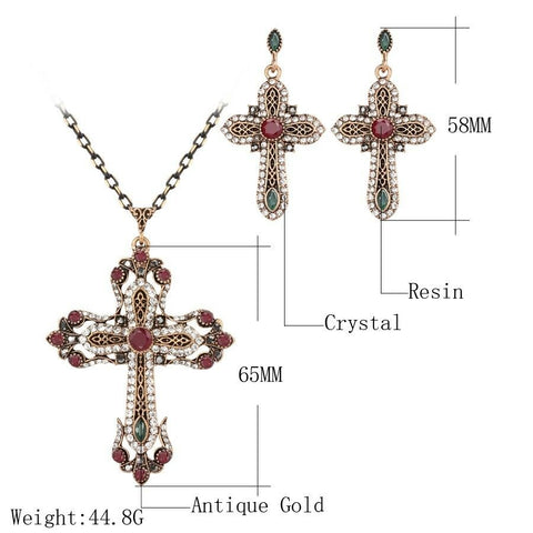 Turkish Style Cross  necklace and earrings set with colored stones