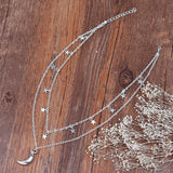 Double Layer Necklace  Chain Antique Silver Star Half Moon 41.5cm(16 3/8 inch)