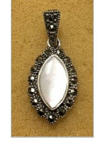 Sterling Silver Mother Of Pearl And Marcasite Marquis Shaped Pendant