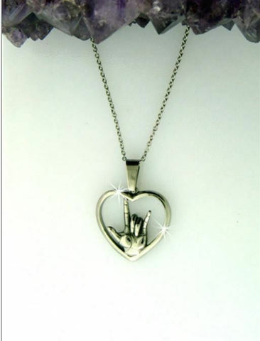 American Sign Language "I love you" Stainless Steel Heart Necklace with chain L