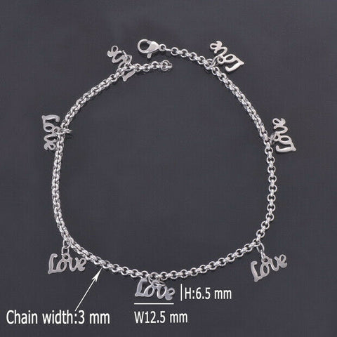 Stainless Steel 7 inch Charm Anklet w/ love charms