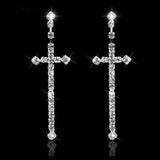 Sparking Silver Color Rhinestone Crystal Cross Long  Earrings - Bedazzled Designs