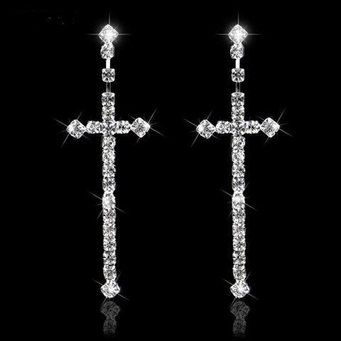 Sparking Silver Color Rhinestone Crystal Cross Long  Earrings - Bedazzled Designs