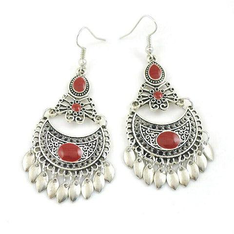Turkish Style Silver Color  Ethnic  Earrings with Red stones and leaves