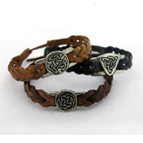 Irish Pewter Brown Leather Triskele Woven Adjustable Bracelet