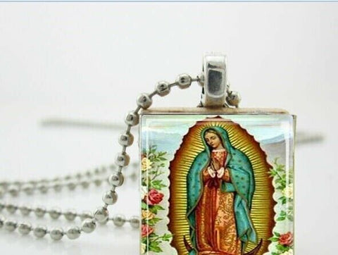 Our Lady of Guadalupe under Glass on Scrabble Tile Pendant with 24 in Ball Chain